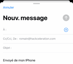 Capture d’écran d’un e-mail affichant « Nouveau message » et « Envoyé de mon iPhone » en bas.