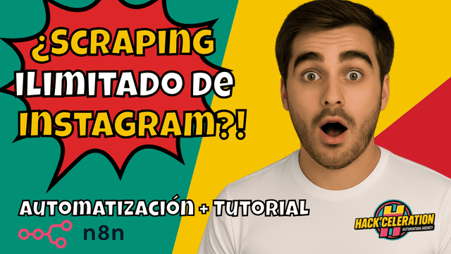 Miniatura de YouTube colorida: texto ‘¿Scraping ilimitado de Instagram?!’ y ‘Automatización + Tutorial’, rostro sorprendido de un hombre, logos de n8n y Hack’celeration