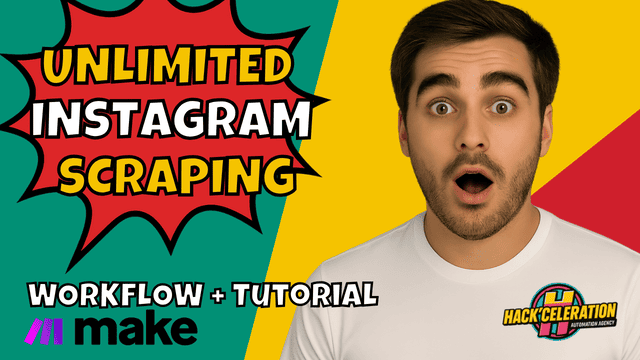 YouTube thumbnail showing surprised man with “UNLIMITED INSTAGRAM SCRAPING?!” comic-style text and “Download Make Scenario” call-to-action beneath.