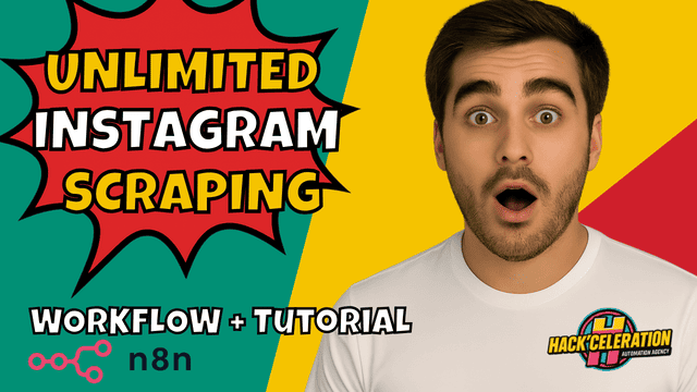 thumbnail with bold comic-style text “Unlimited Instagram Scraping?!”, showing a surprised man on a colorful background, with the text “Download n8n Scenario”.