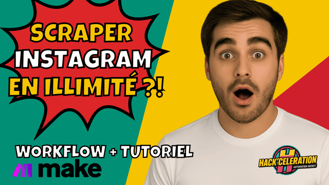 Portrait de Romain Cochard avec design pop et texte “Scraper Instagram en Illimité – Scénario Make à Télécharger”.