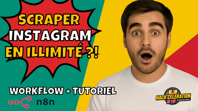 Portrait de Romain Cochard avec design tech et texte “Scraper Instagram en Illimité – Scénario n8n à Télécharger”.