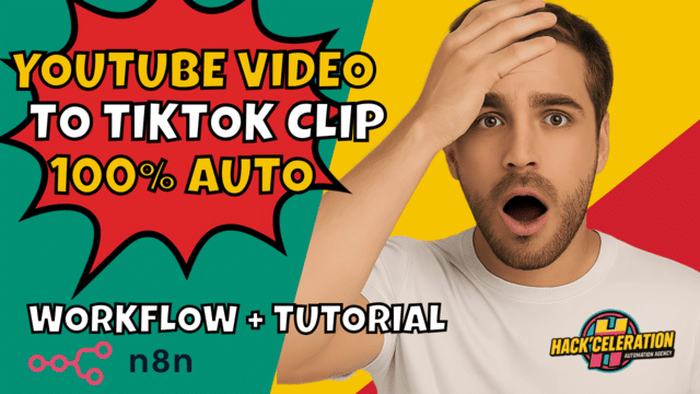 Colorful thumbnail with text “YouTube Video to TikTok Clip 100% Auto”, a surprised man holding his head, Hack’celeration logo and n8n icon.