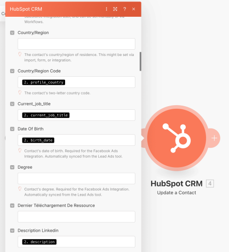 Screenshot Make module HubSpot Update Contact avec données Captain Data