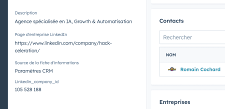 Capture HubSpot des champs LinkedIn Company ID et LinkedIn Company URL pour identifier les doublons d’entreprises.