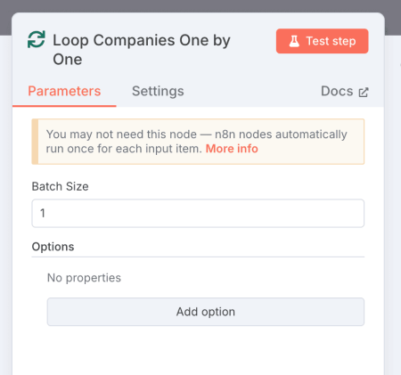 Loop Over Items en n8n con Batch Size 1 para procesamiento individual.