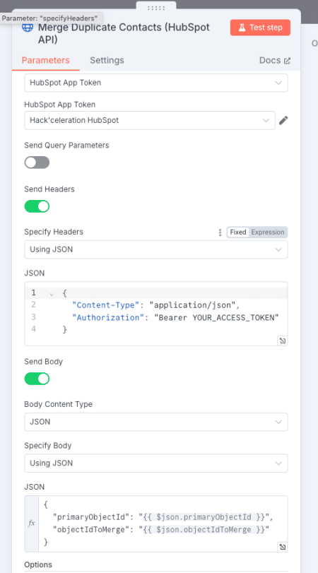 Paramètres du module HTTP Request dans n8n pour effectuer la fusion des contacts via l’API HubSpot.