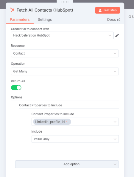 n8n HubSpot node set to Get All contacts and return linkedin_profile_id