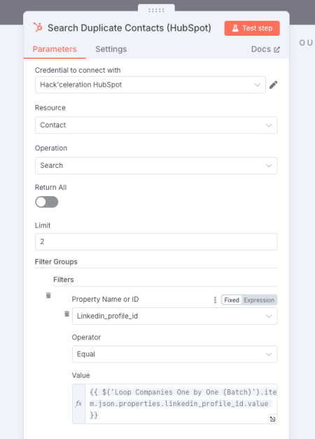 Paramètres du module HubSpot - Search pour trouver les doublons sur la base du LinkedIn Profile ID.