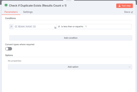 IF module in n8n checking for duplicate companies based on LinkedIn Company ID.